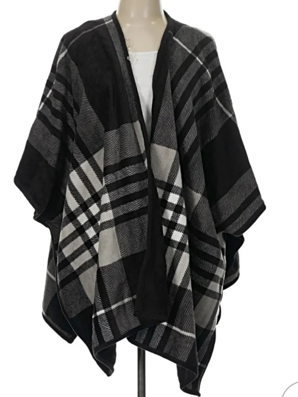 Plaid Open-Front Wrap - Black and Gray